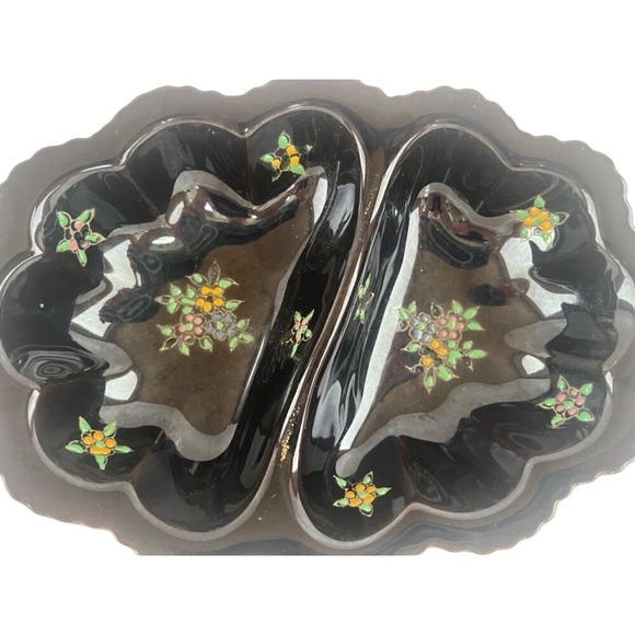 VTG Moriage Black Redware Divided Relish Candy Trinket Dish W/ Dot Flowers Japan - Picture 2 of 4